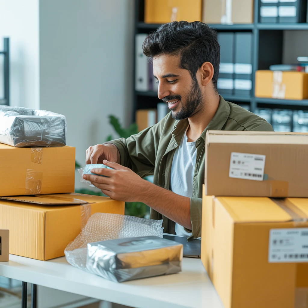 Online shop owner packing customer orders in his workspace