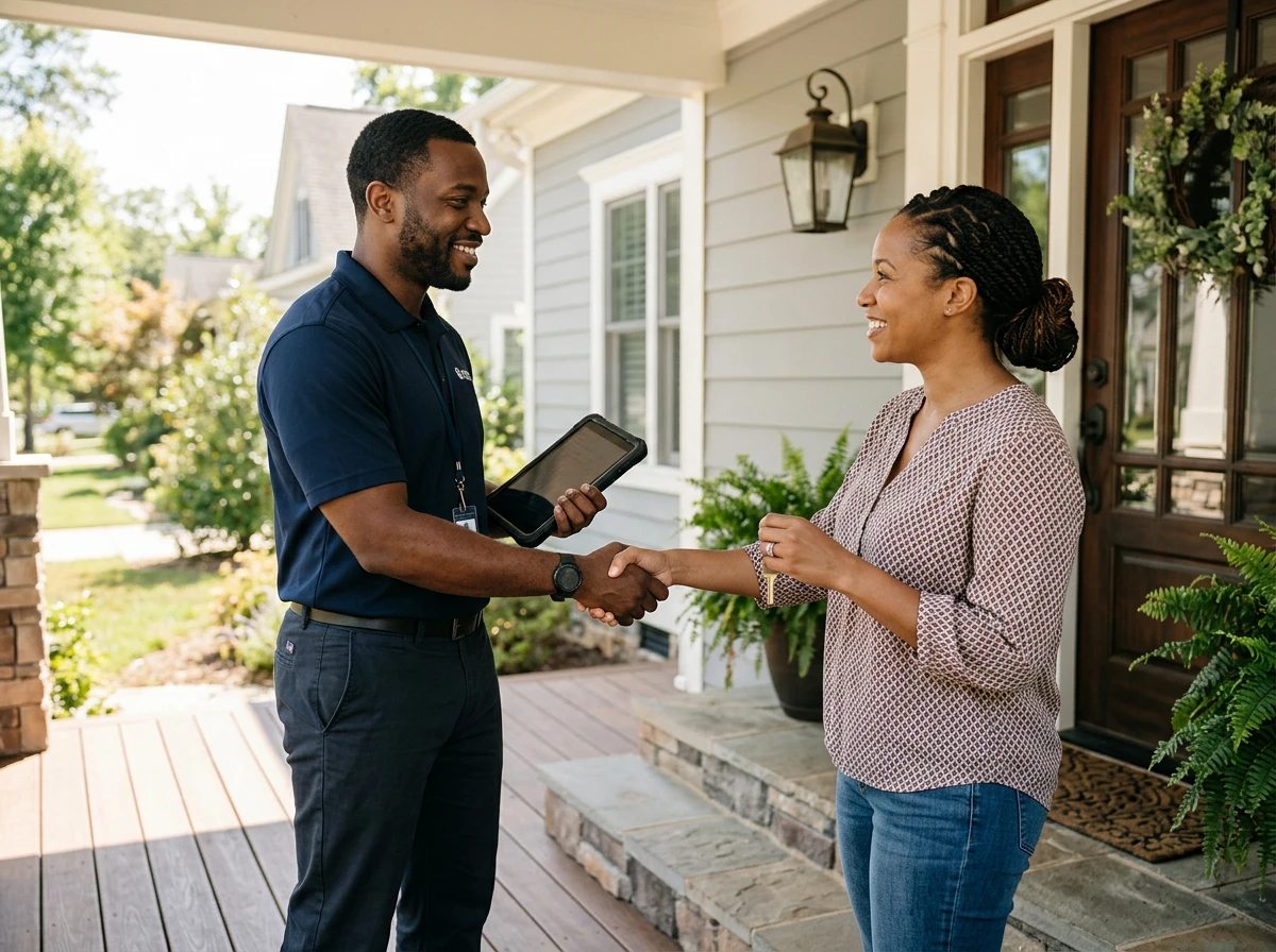 Service business owner showing a customer an invoice on a tablet at their front door